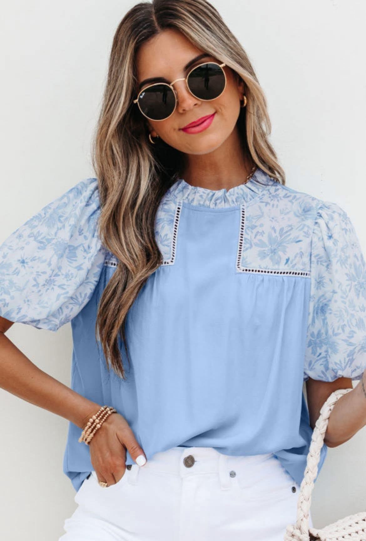Blue Floral Ruffle Top