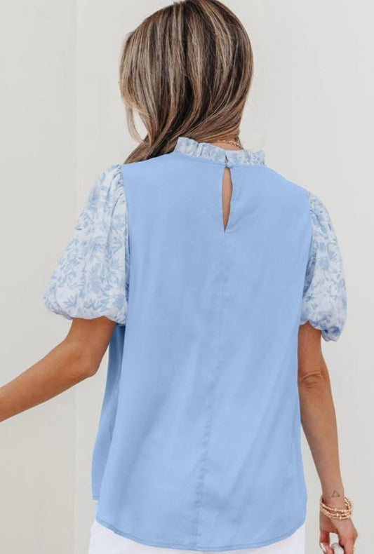 Blue Floral Ruffle Top