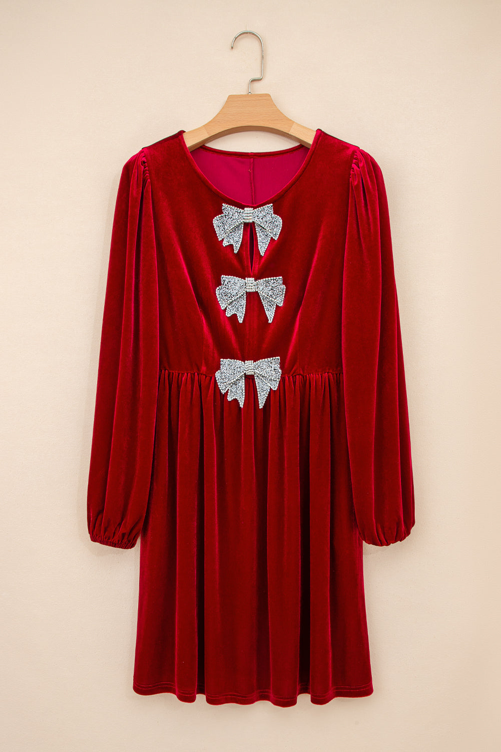 Evergreen Bowknot Decor High Waist Velvet Mini Dress