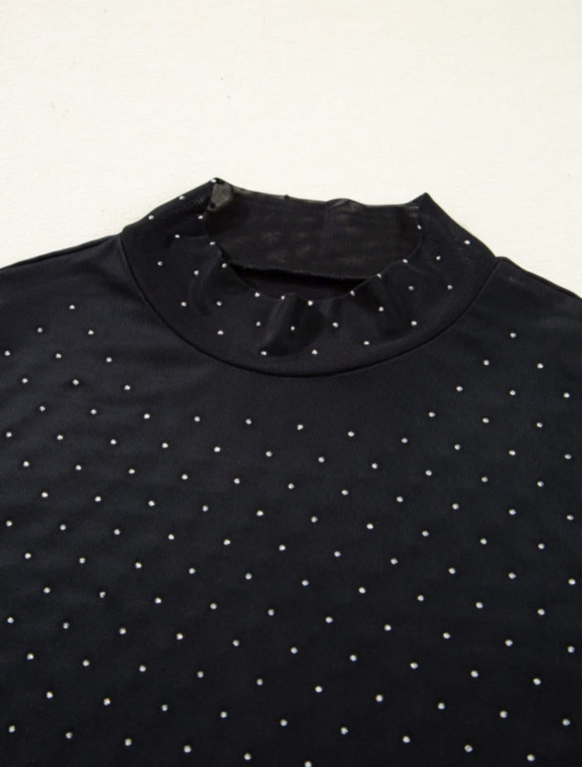 Black Rhinestone Mesh Top